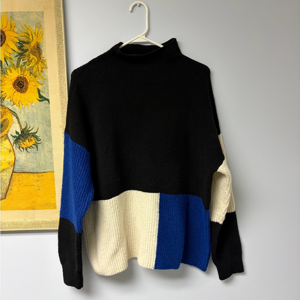 Cato Colorblock Turtleneck Sweater - Black, Blue, and Cream